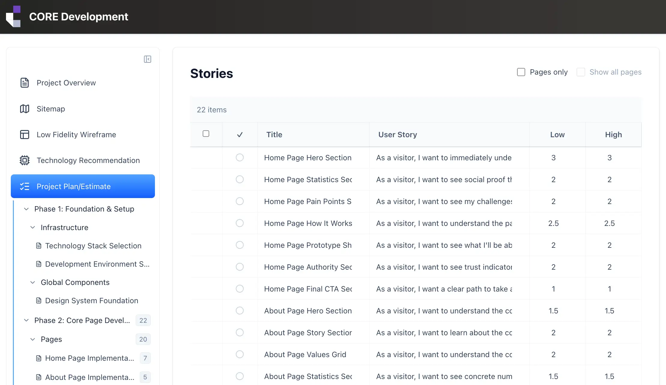 Project Blueprint - plan dashboard showing stories, sitemap, wireframes, and project phases